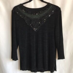 Amanda black 3/4-sleeve dress top with green mesh inset, lace, and sequins, M